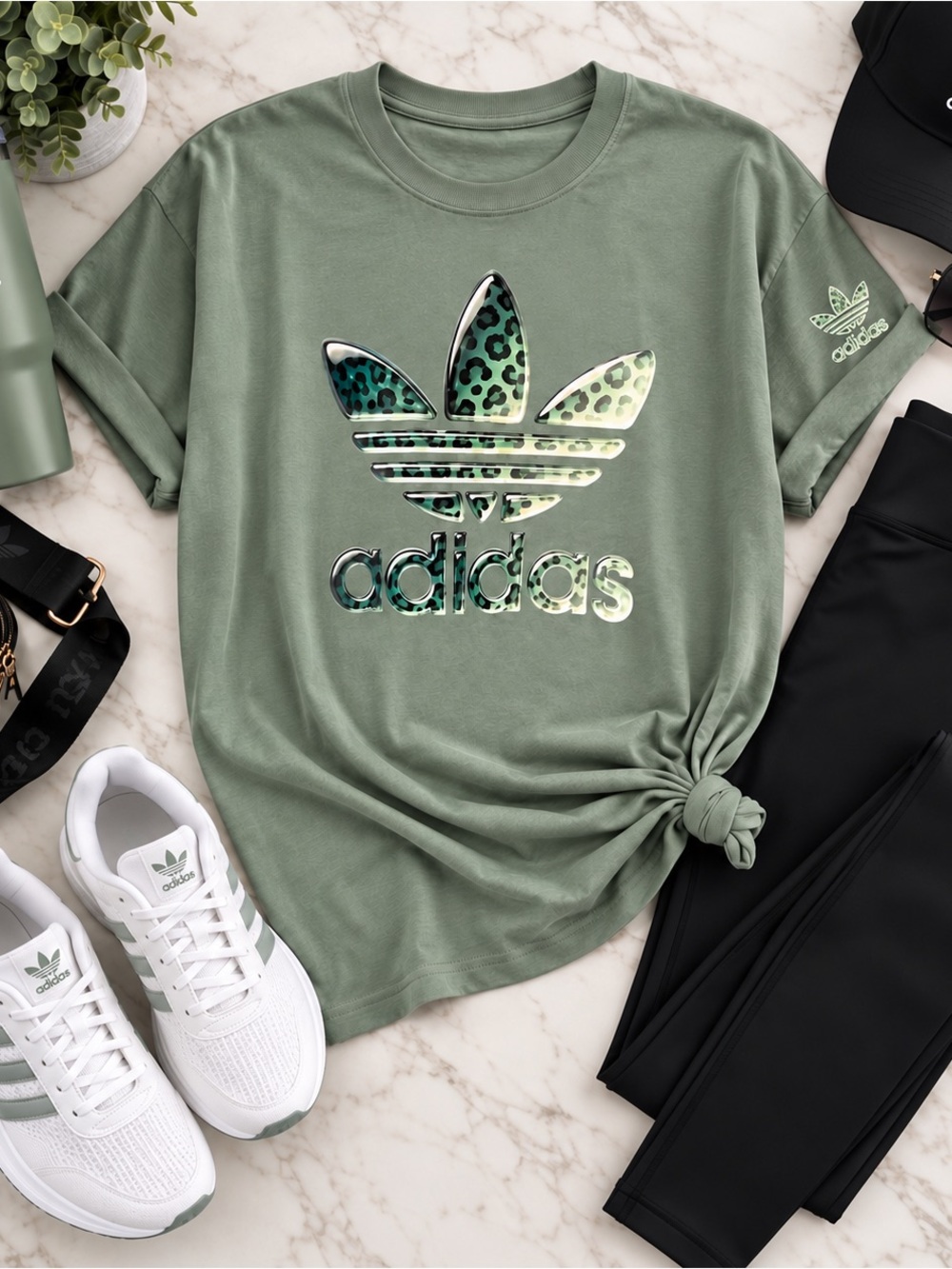 Custommade Olive Green Trefoil Tee with Leopard Accent